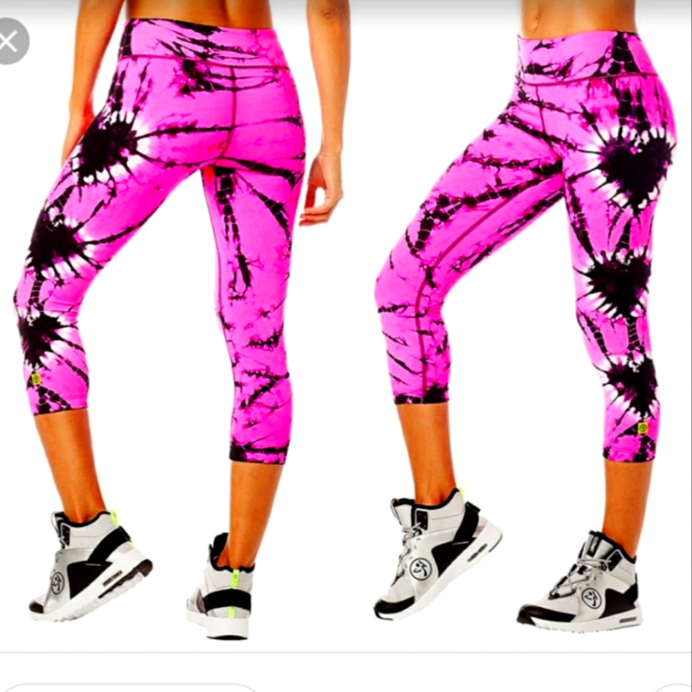 Shocking Pink Tie-Die for Zumba Hearts High Waist Capri Leggings sz Large or Med